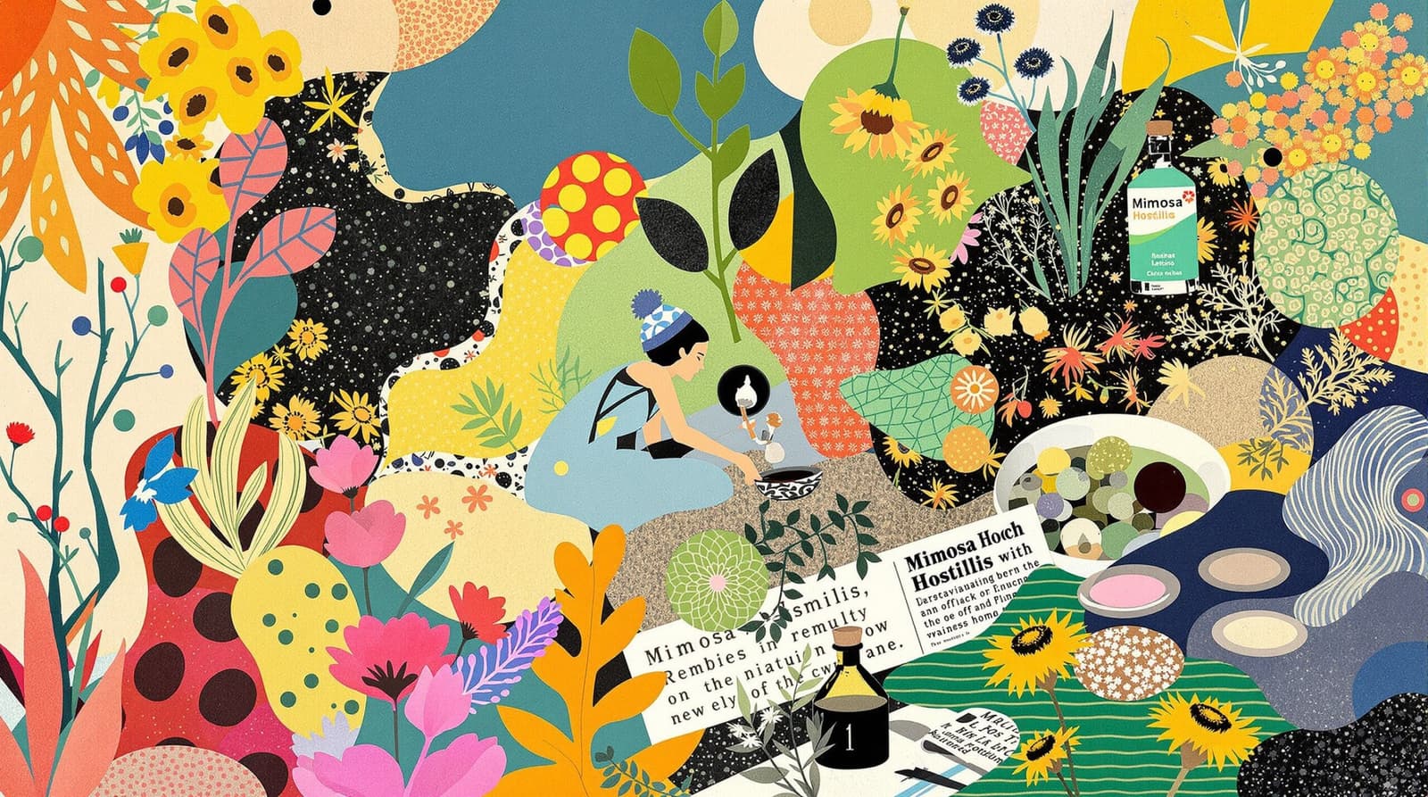 Collage illustration of traditional remedies with Mimosa Hostilis.