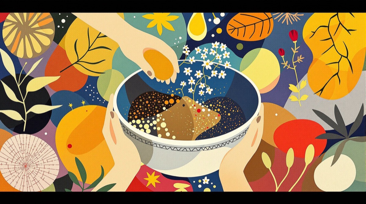 Hands mixing ingredients for a face mask with abstract botanical designs.