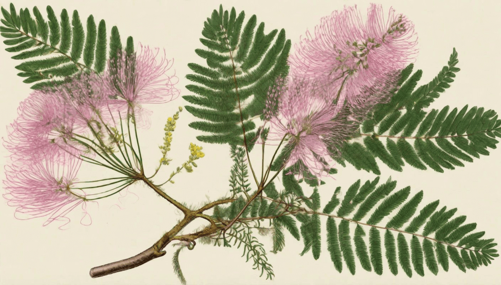 A botanical drawing styled image of a Mimosa hostilis branch.