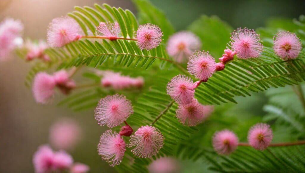 A Mimosa hostilis leaf, displaying its fern-like leaves, and fluffy pink flowers.