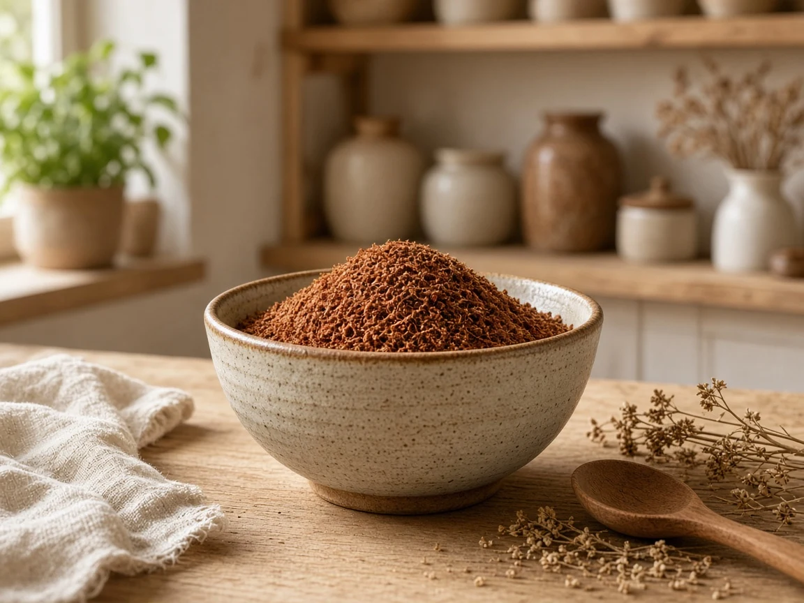 Mimosa Hostilis powder in a bowl on a kitchen table