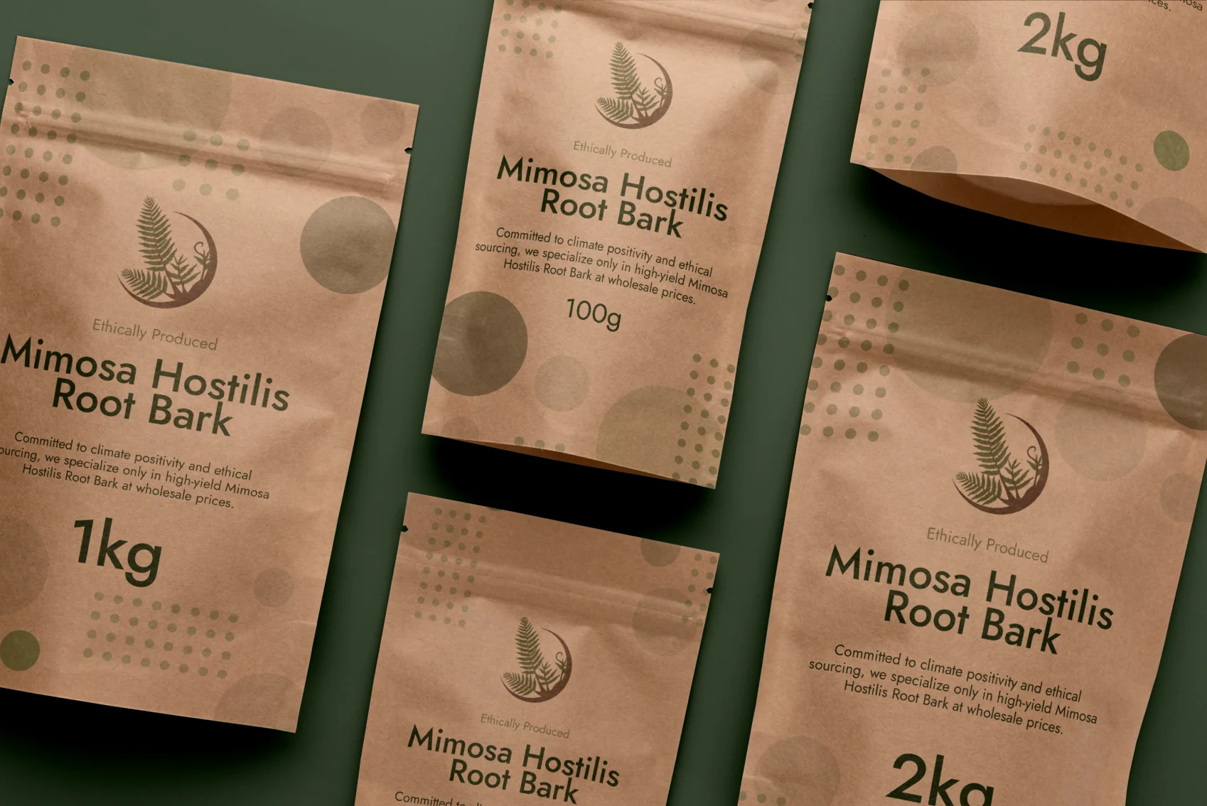 Kraft pouches of Mimosa Hostilis root bark in 100g, 1kg and 2kg sizes