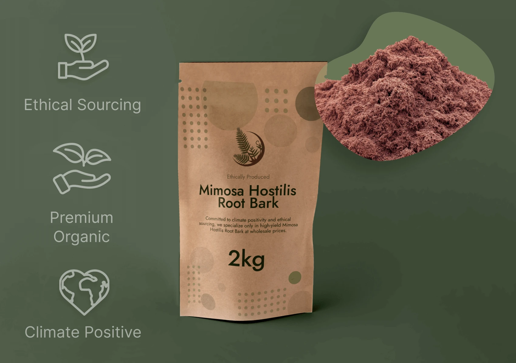 2kg pouch of ethically produced Mimosa Hostilis root bark beside a mound of inner root bark powder