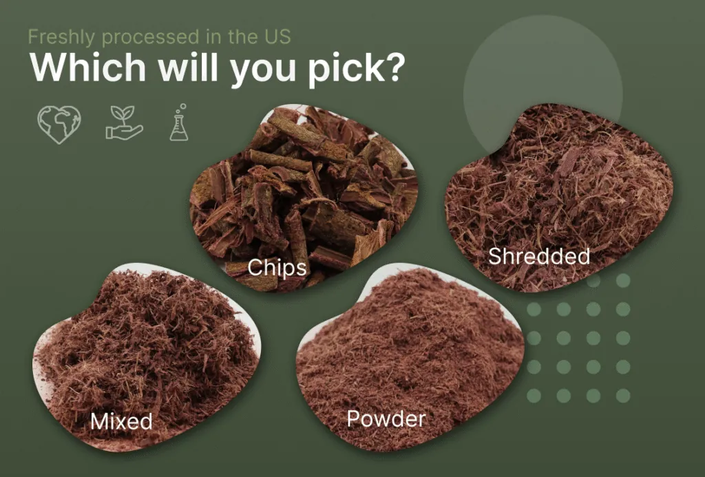 Mimosa Hostilis root bark chips, shredded, and powder