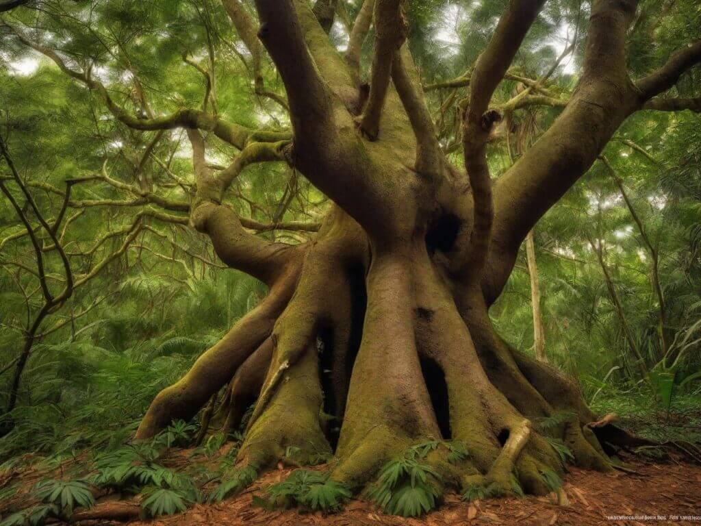 Majestic Mimosa Hostilis tree with thick roots and sprawling branches in a lush South American rainforest