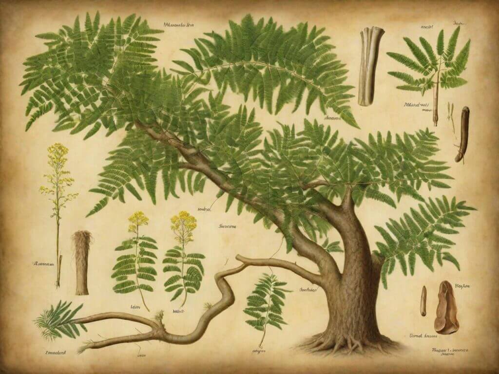Botanical illustration of Mimosa Hostilis, showing detailed parts including leaves, flowers, roots, and bark