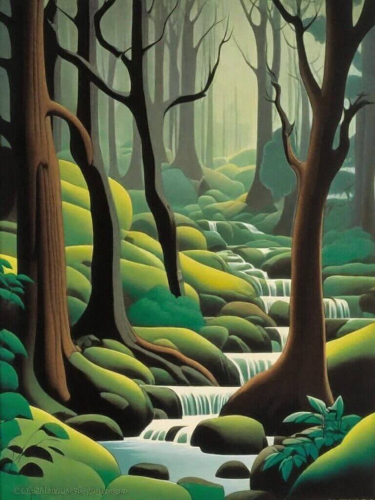 Serene forest scene with a cascading stream flowing through lush green moss-covered rocks and tall trees