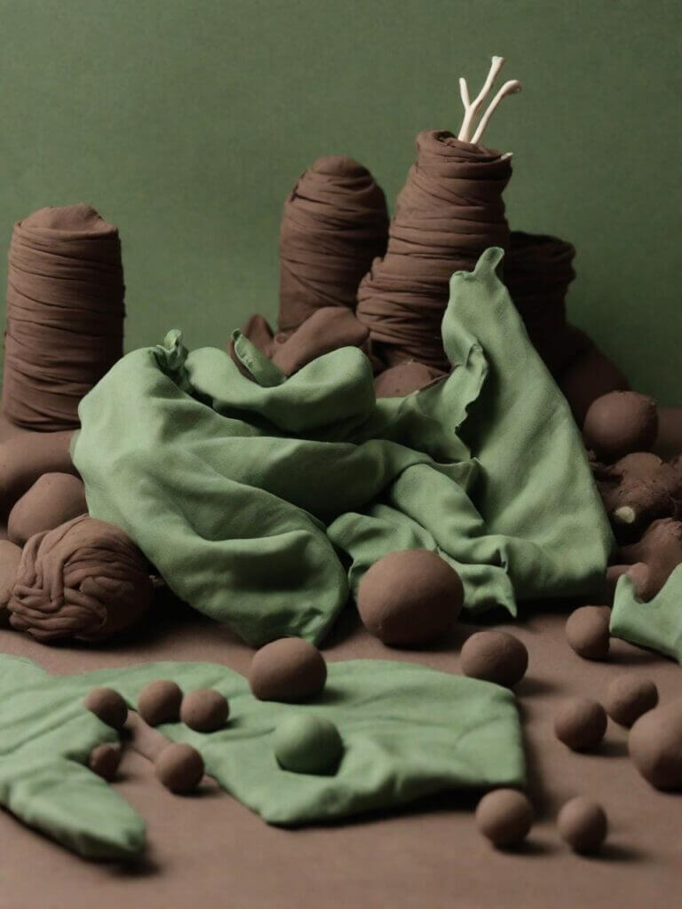 Artistic representation of botanical elements using green fabric and brown clay sculptures