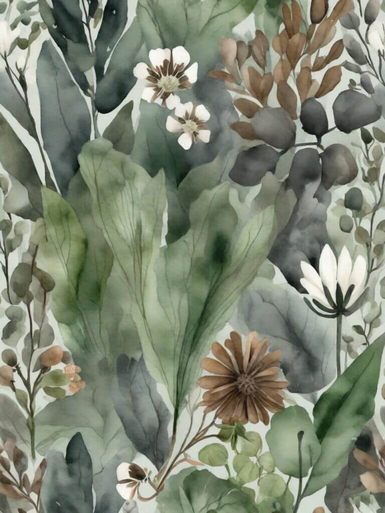 Watercolor botanical illustration featuring various leaves and flowers in green, brown, and white tones