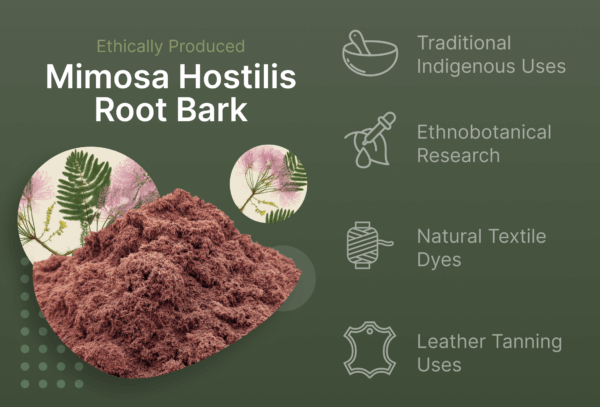 Ethically produced Mimosa Hostilis root bark for traditional uses, research, dyes, and leather tanning.