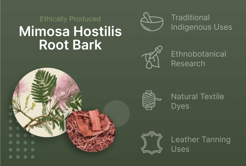 Ethically produced Mimosa Hostilis root bark for traditional uses, research, dyes, and leather tanning.