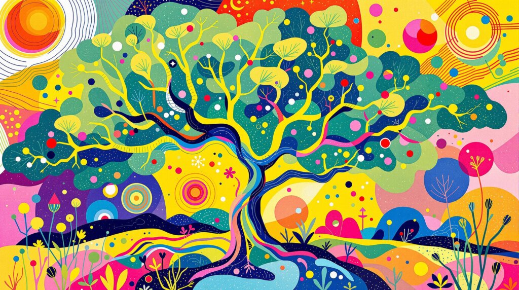 Abstract illustration showing the Mimosa Hostilis tree with colorful elements.