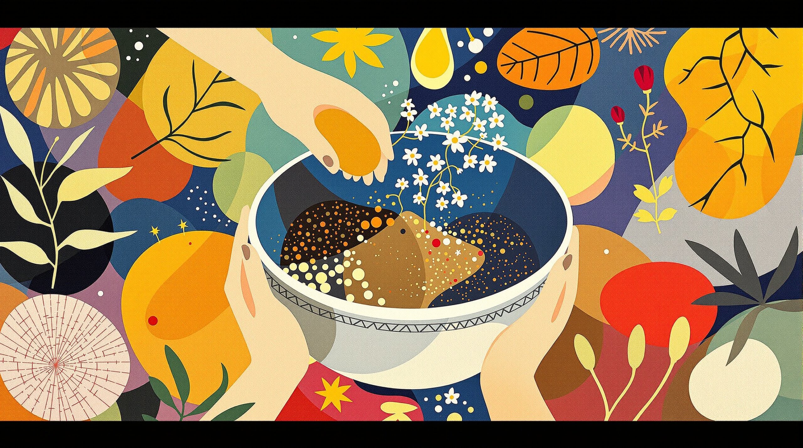 Hands mixing ingredients for a face mask with abstract botanical designs.
