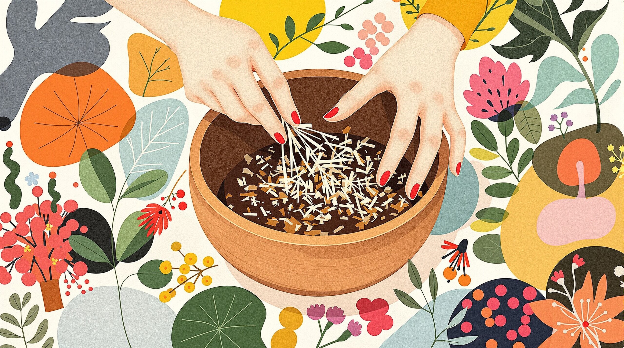 Collage-style illustration of hands preparing Mimosa Hostilis bark.