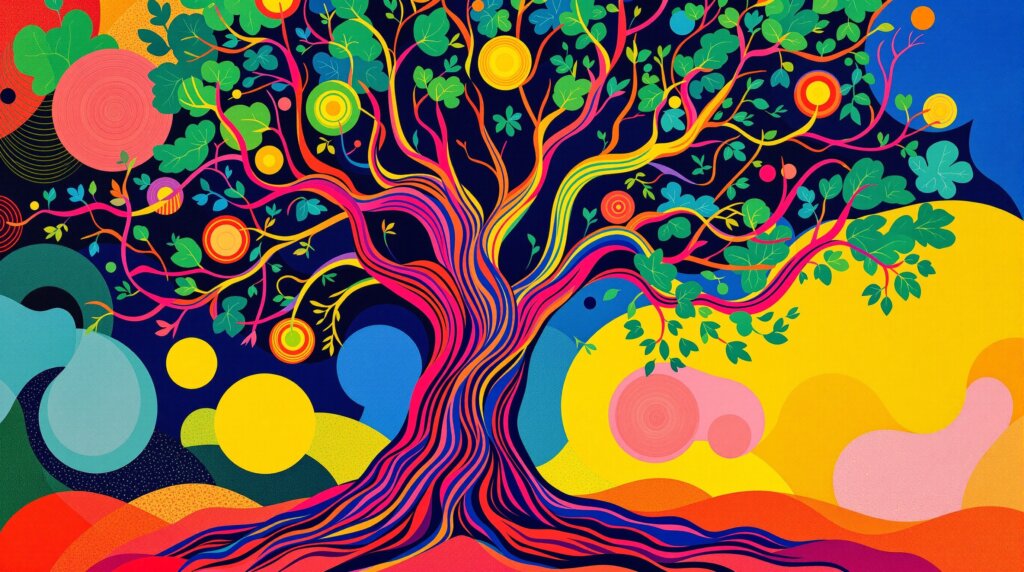 Vibrant Kandinsky-style illustration of Mimosa Hostilis tree.