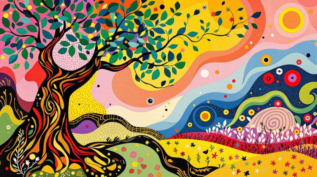 Abstract illustration of Mimosa Hostilis tree and components.