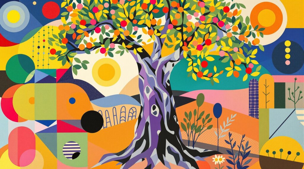 Abstract depiction of a Mimosa Hostilis tree with geometric background.