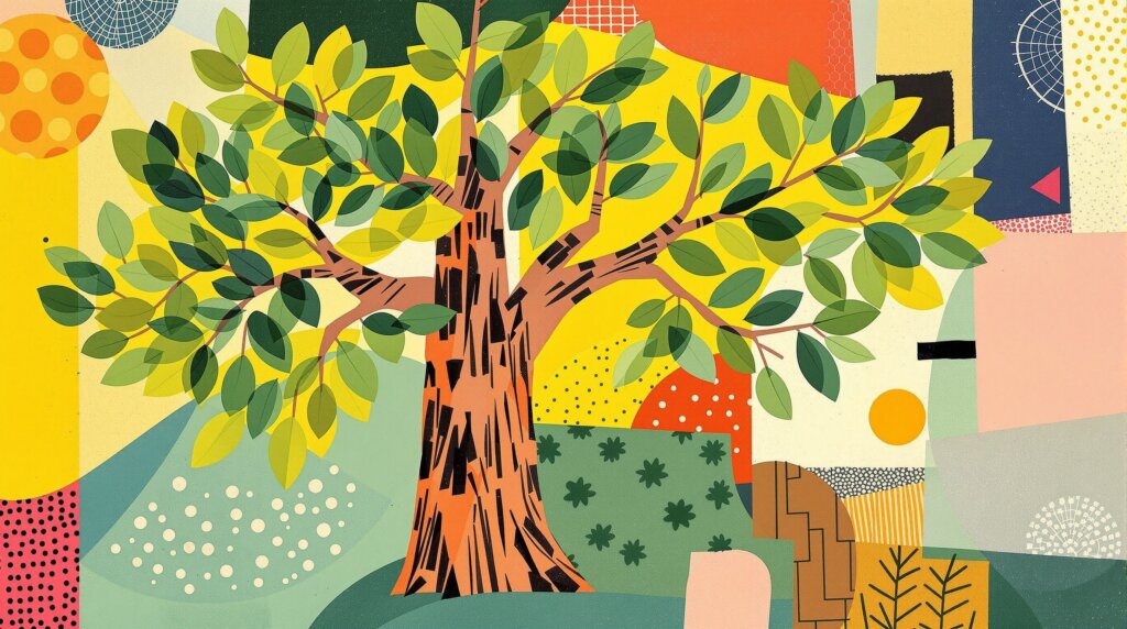 A collage illustration of a Mimosa Hostilis tree with abstract geometric patterns.