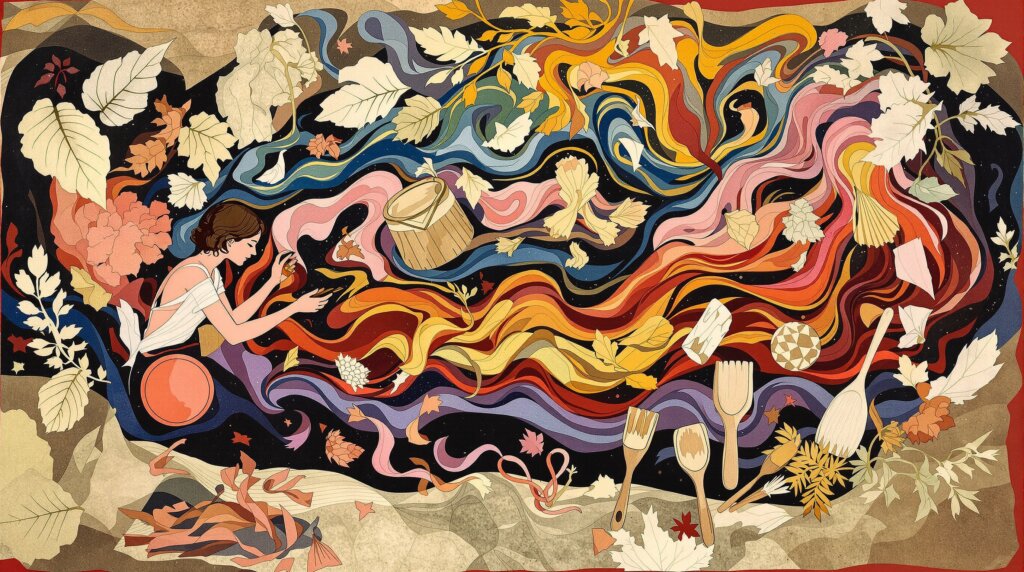 Collage depicting traditional dye making with Mimosa Hostilis bark.