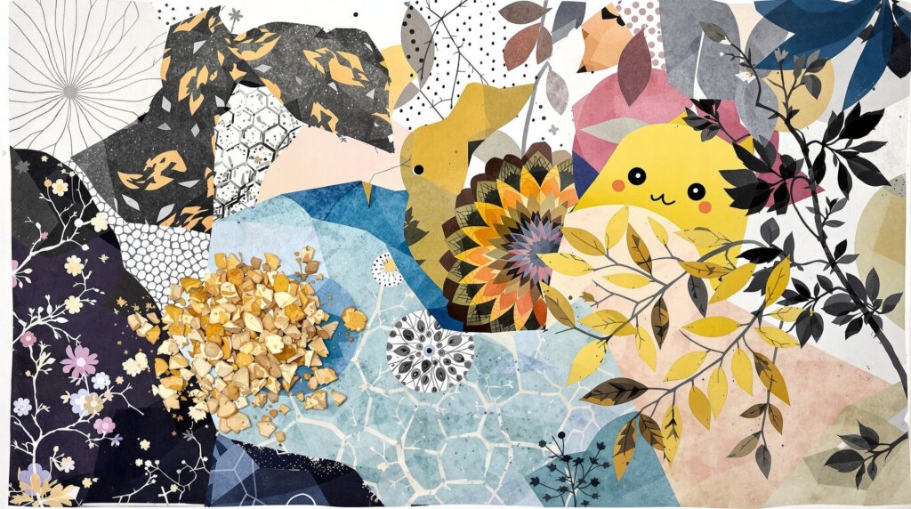 Collage of traditional dye making with Mimosa Hostilis elements.