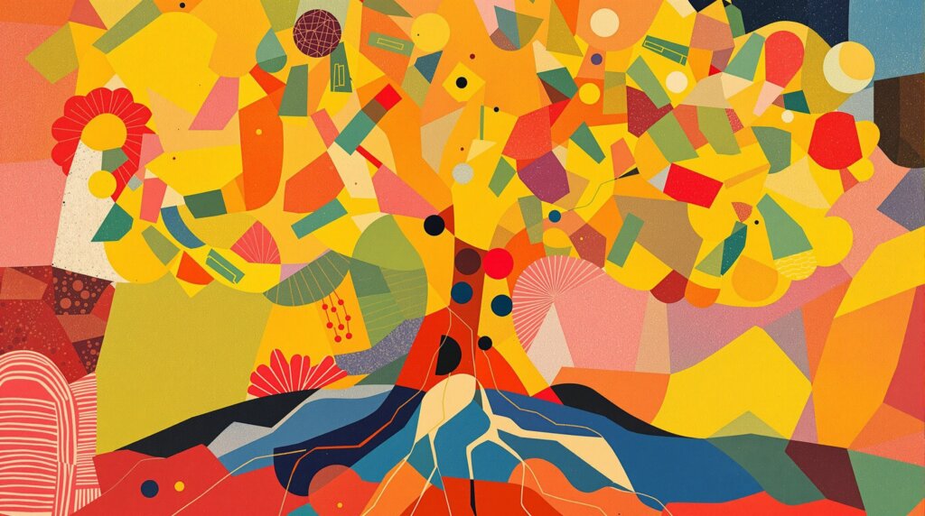 Kandinsky-style illustration of the Mimosa Hostilis tree.